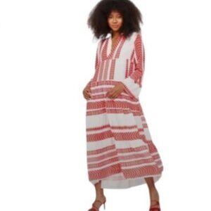 Silk and Salt Womens Flowy Maxi Dress White Red Geo Stripe V Neck Coastal Boho S